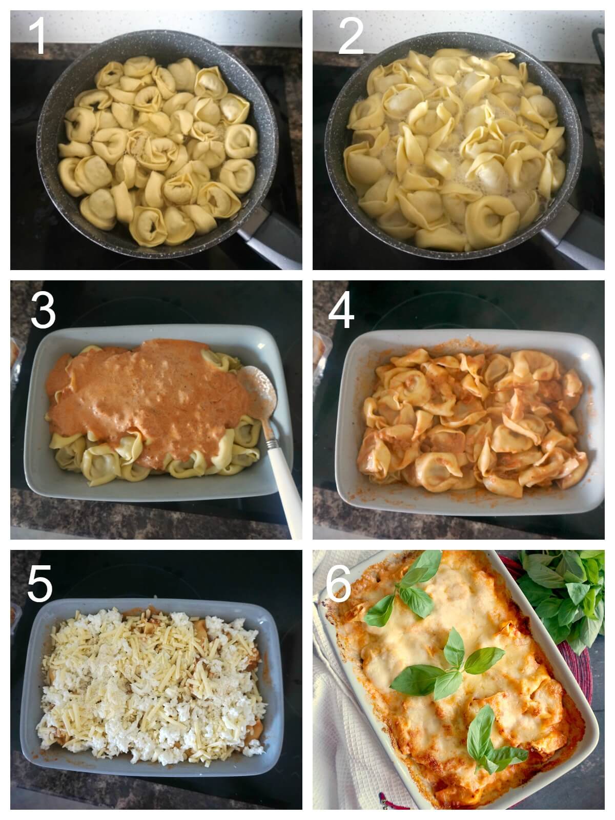 Collage of 6 photos to show how to make baked tortellini.