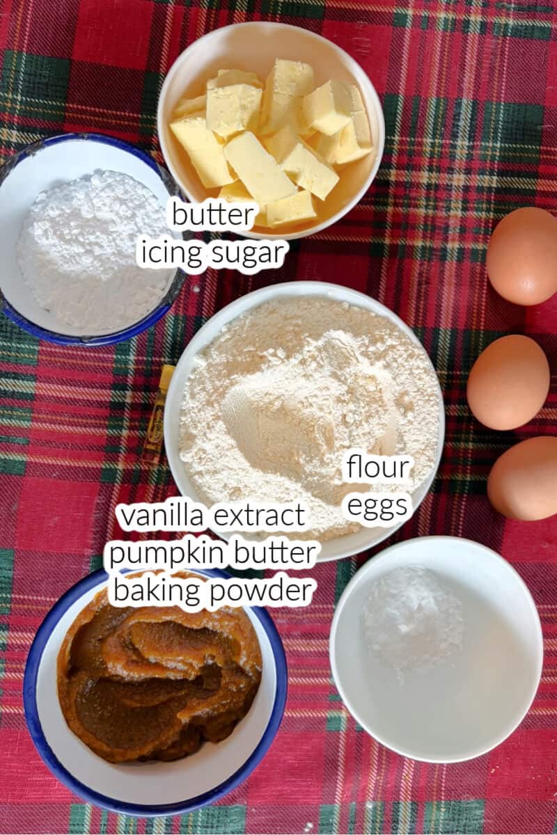 Ingredients displayed for making linzer cookies with pumpkin butter.