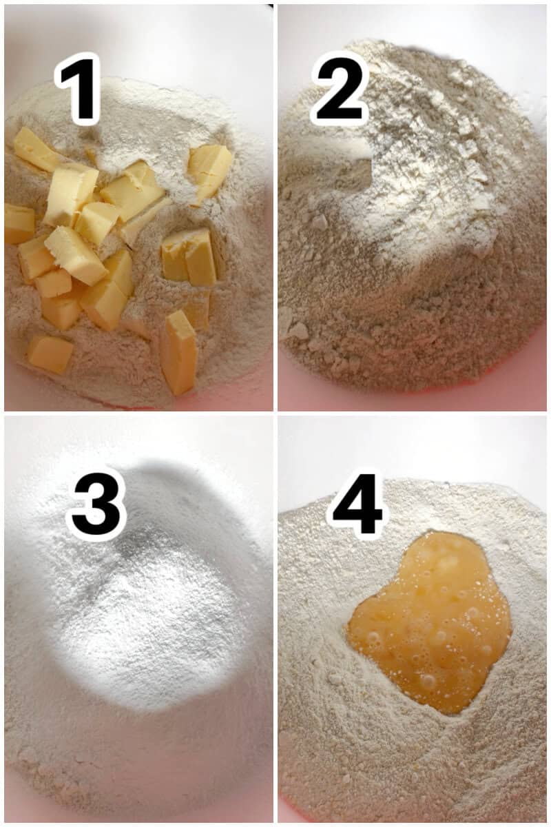 Collage of 4 photos to show how to make the dough.