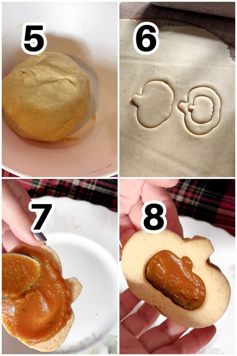 Collage of 4 photos to show how to make pumpkin cookies with pumpkin butter.