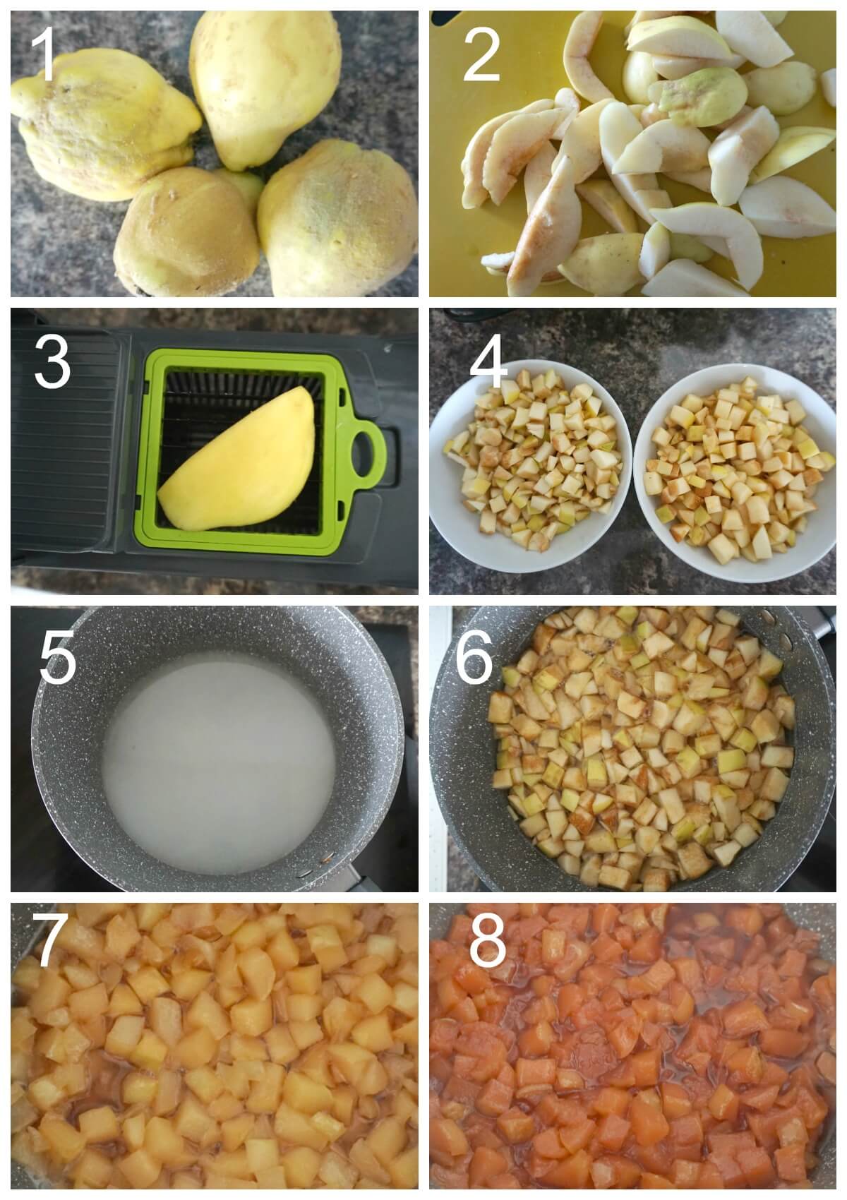 Collage of 8 photos to show how to make quince jam.