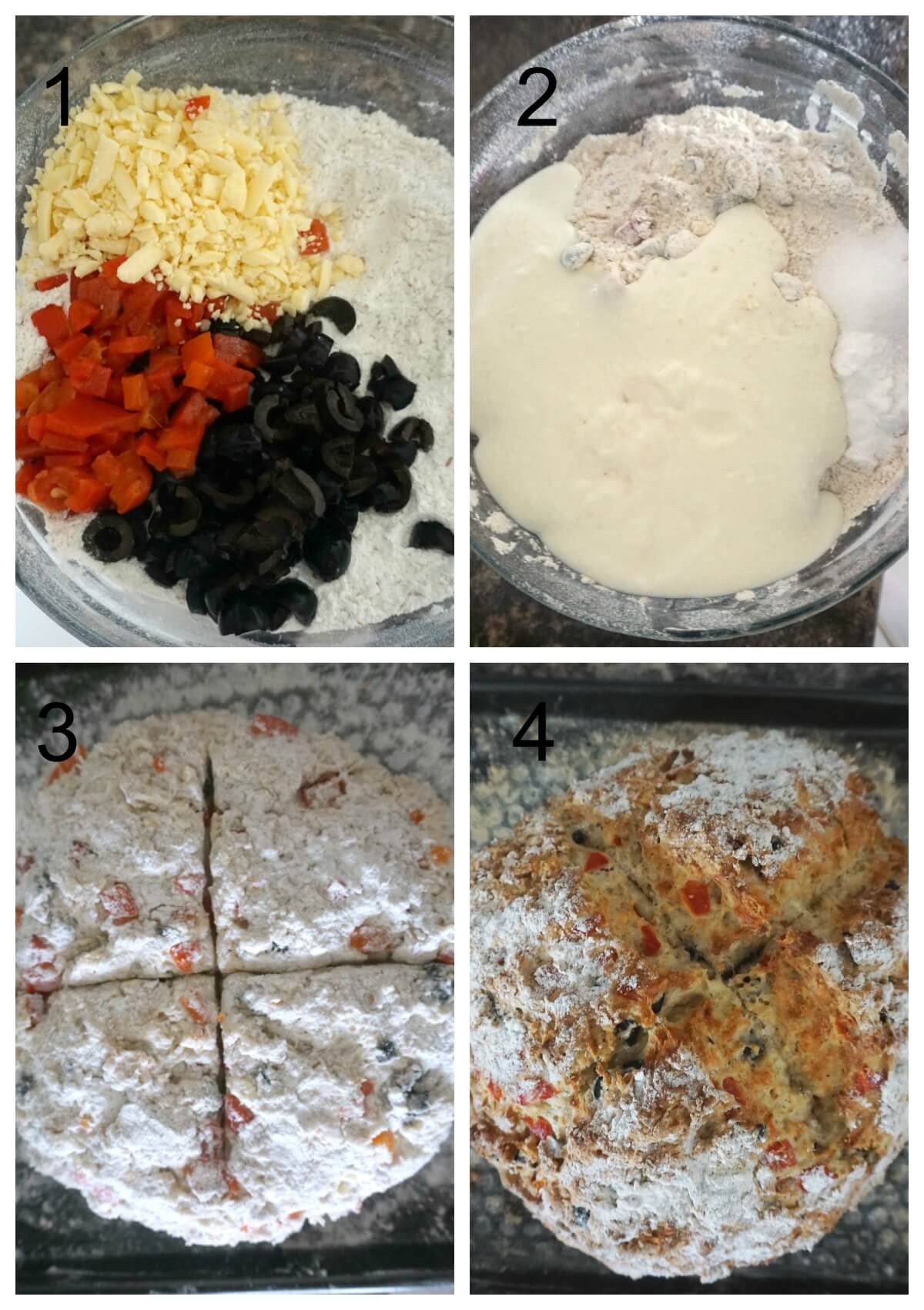 Collage of 4 photos to show how to make cheese soda bread