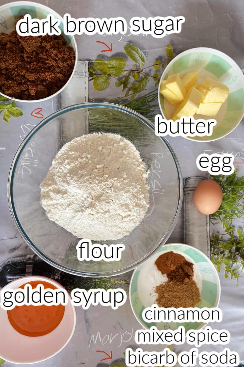 Ingredients needed to make gingerbread men.