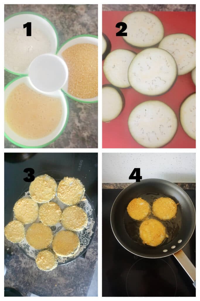 Collage of 4 photos to show how to make breaded aubergines