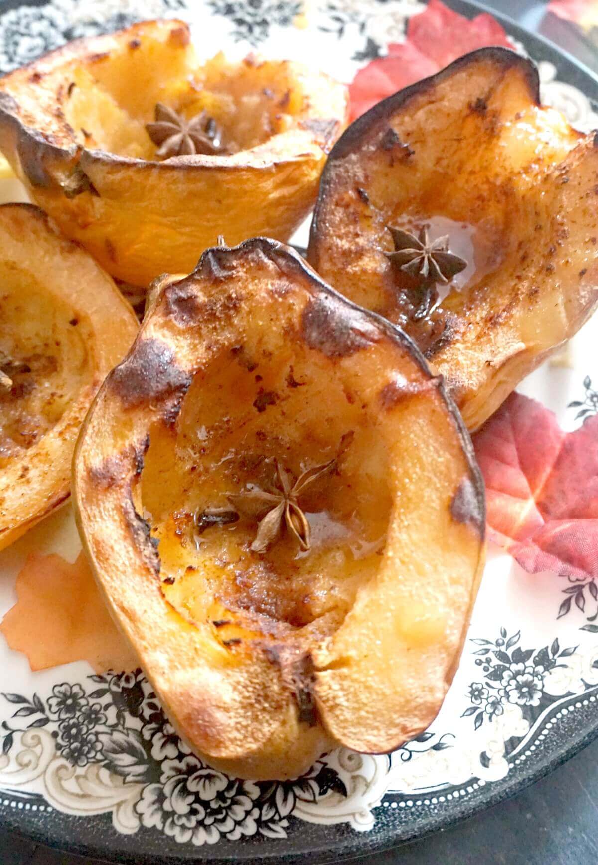 Close-up shoot of baked quince halves.