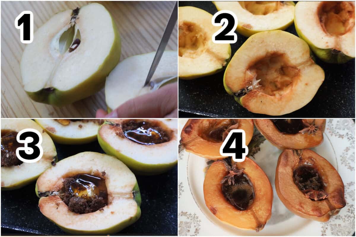 Collage of 4 photos to show how to make baked quince.