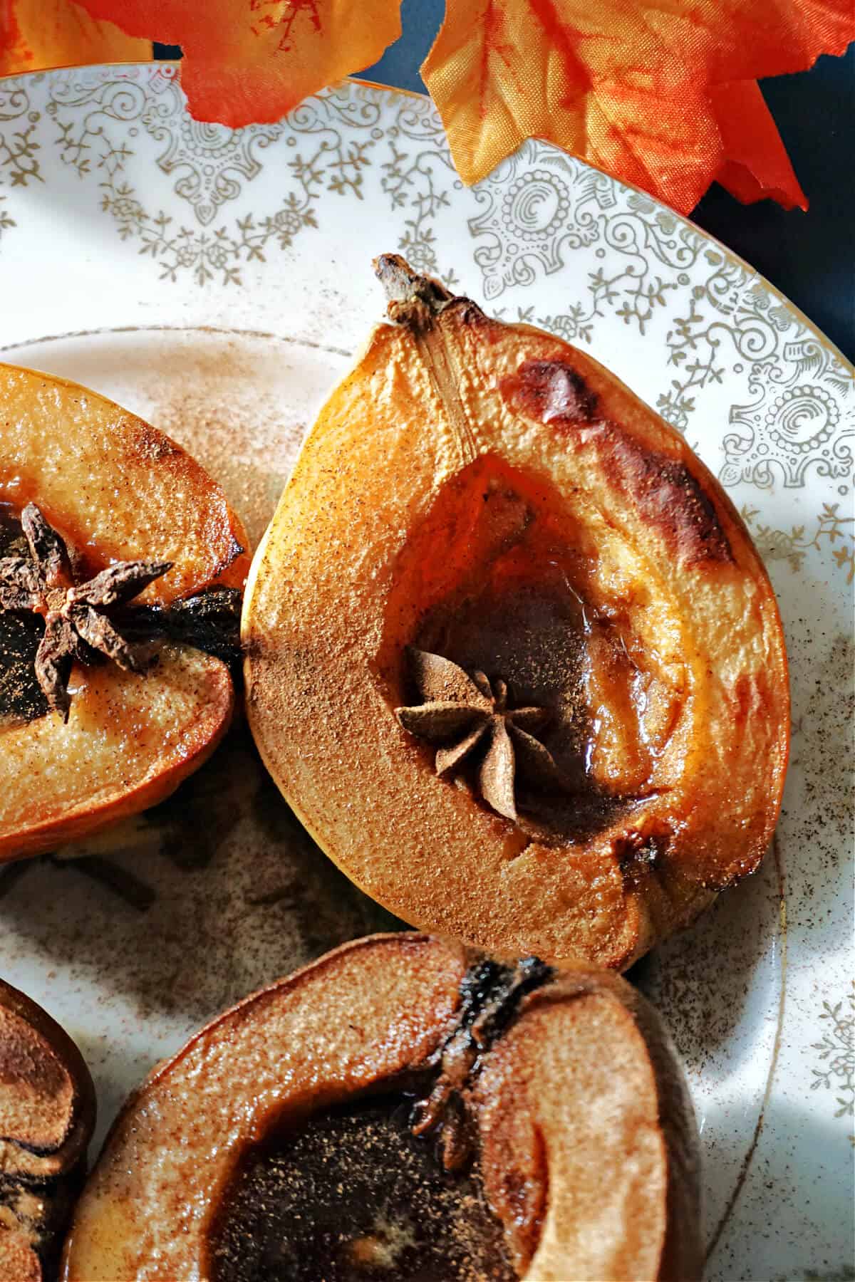  A patterned plate with quince halves.