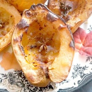 Close-up shoot of a baked quince half