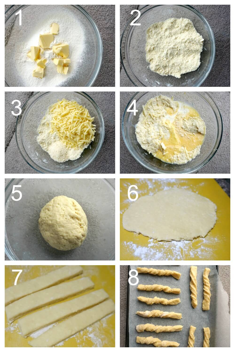 Collage of 8 photos to show how to make cheese twists from scratch.