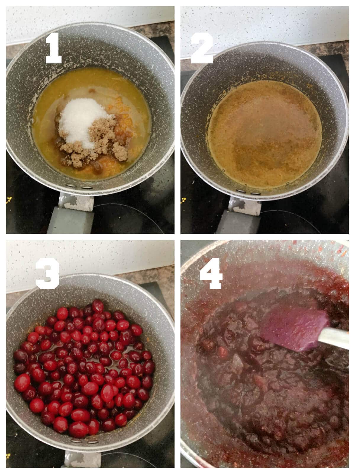 Collage of 4 photos to show how to make cranberry sauce.