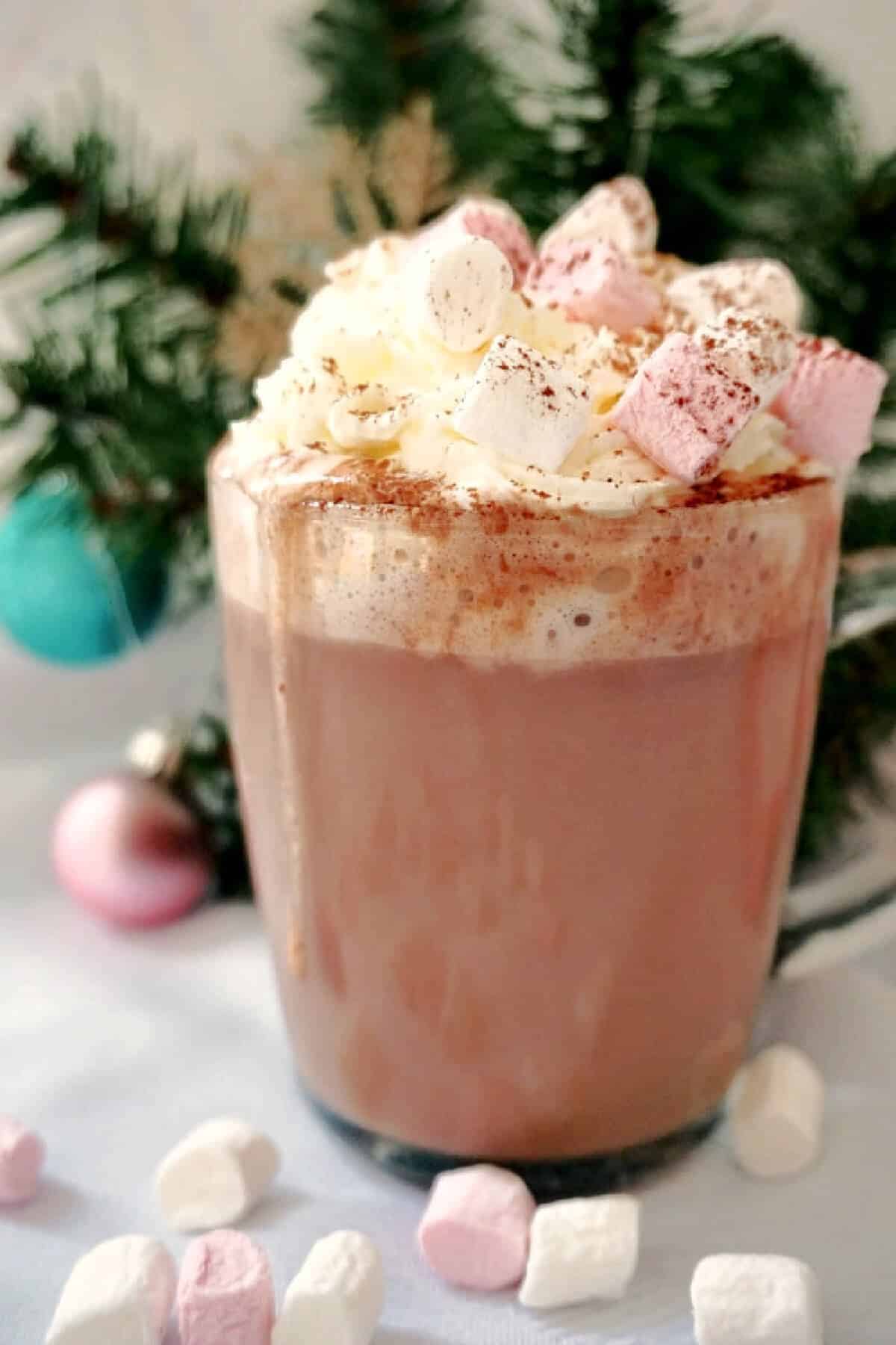 A cup with hot chocolate with cream and marshmallows.