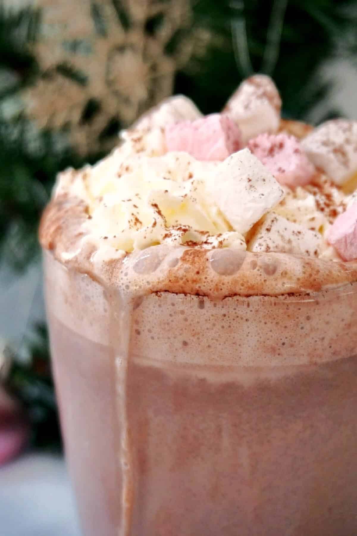 A cup with hot chocolate with marshmallows and cream.