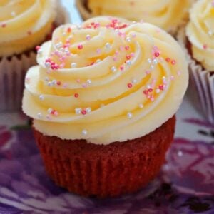 A red velvet cupcake on a pink plate