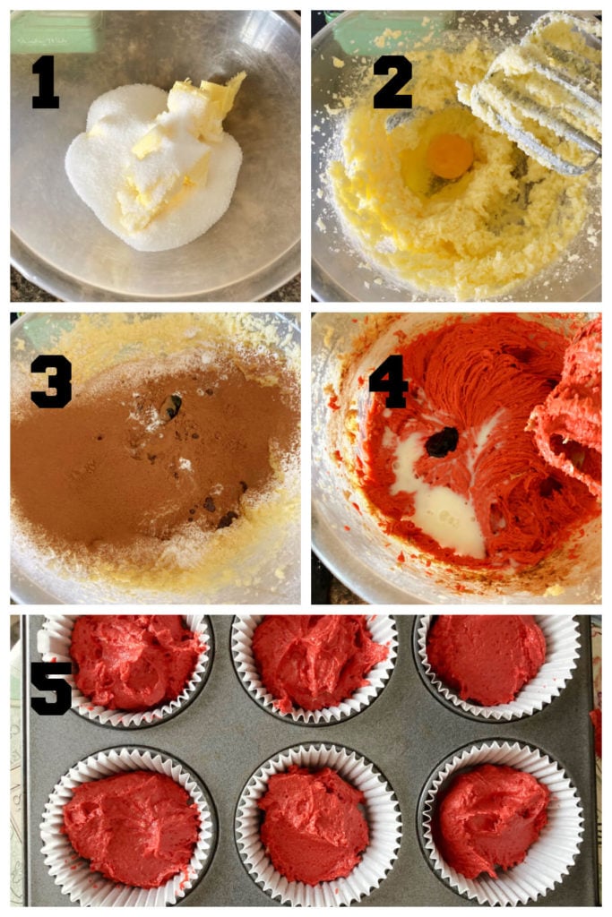 Collage of 5 photos to show how to make red velvet cupcakes