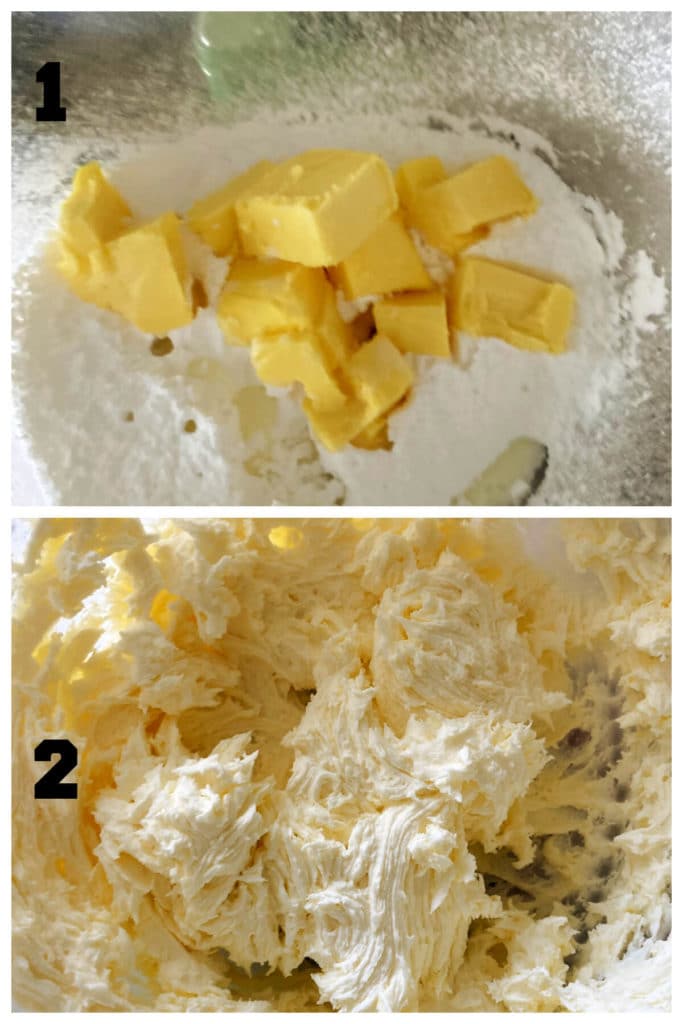 Collage of 2 photos to show how to make vanilla buttercream frosting