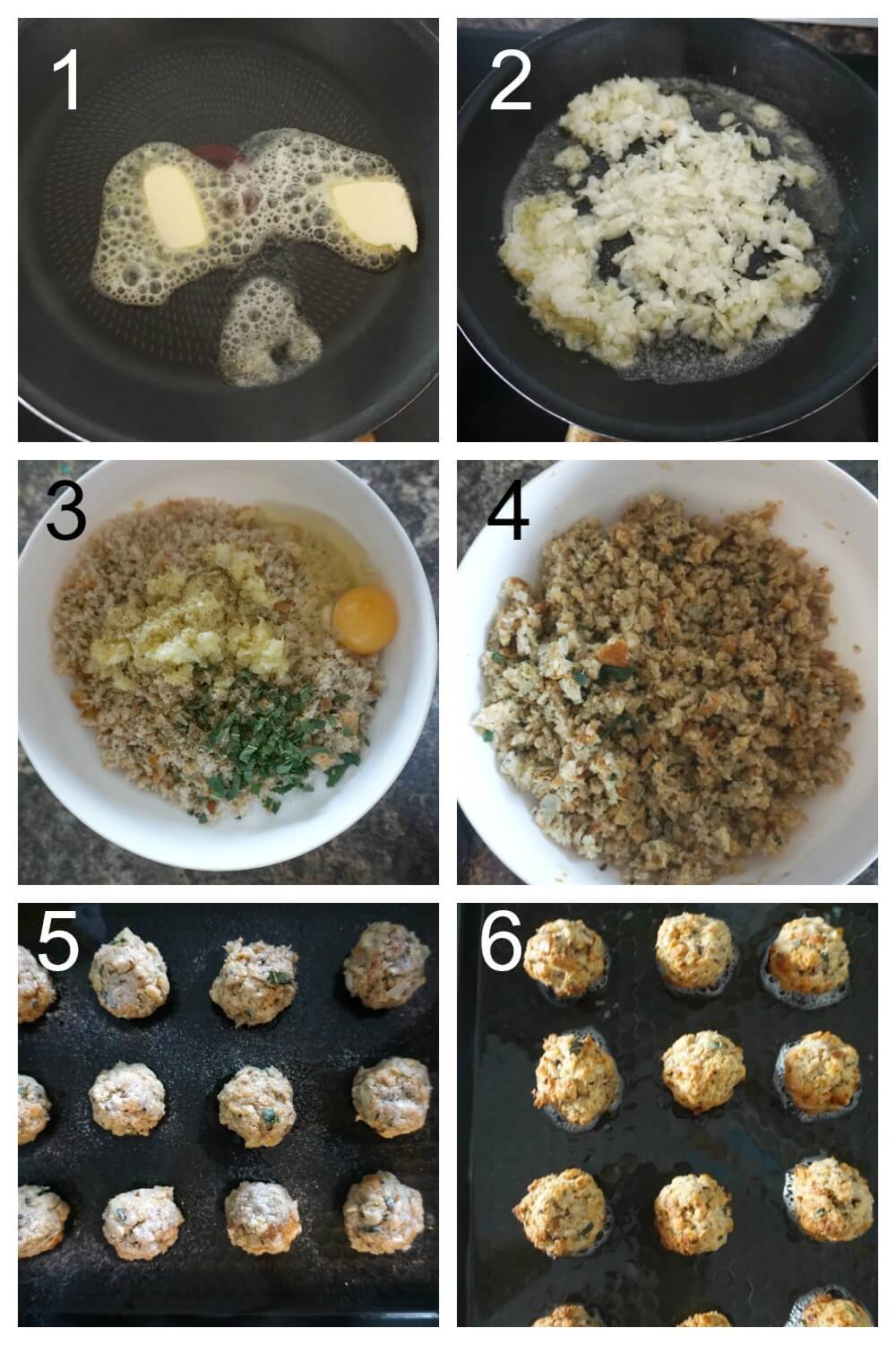Collage of 6 photos to show how to make sage and onion stuffing balls