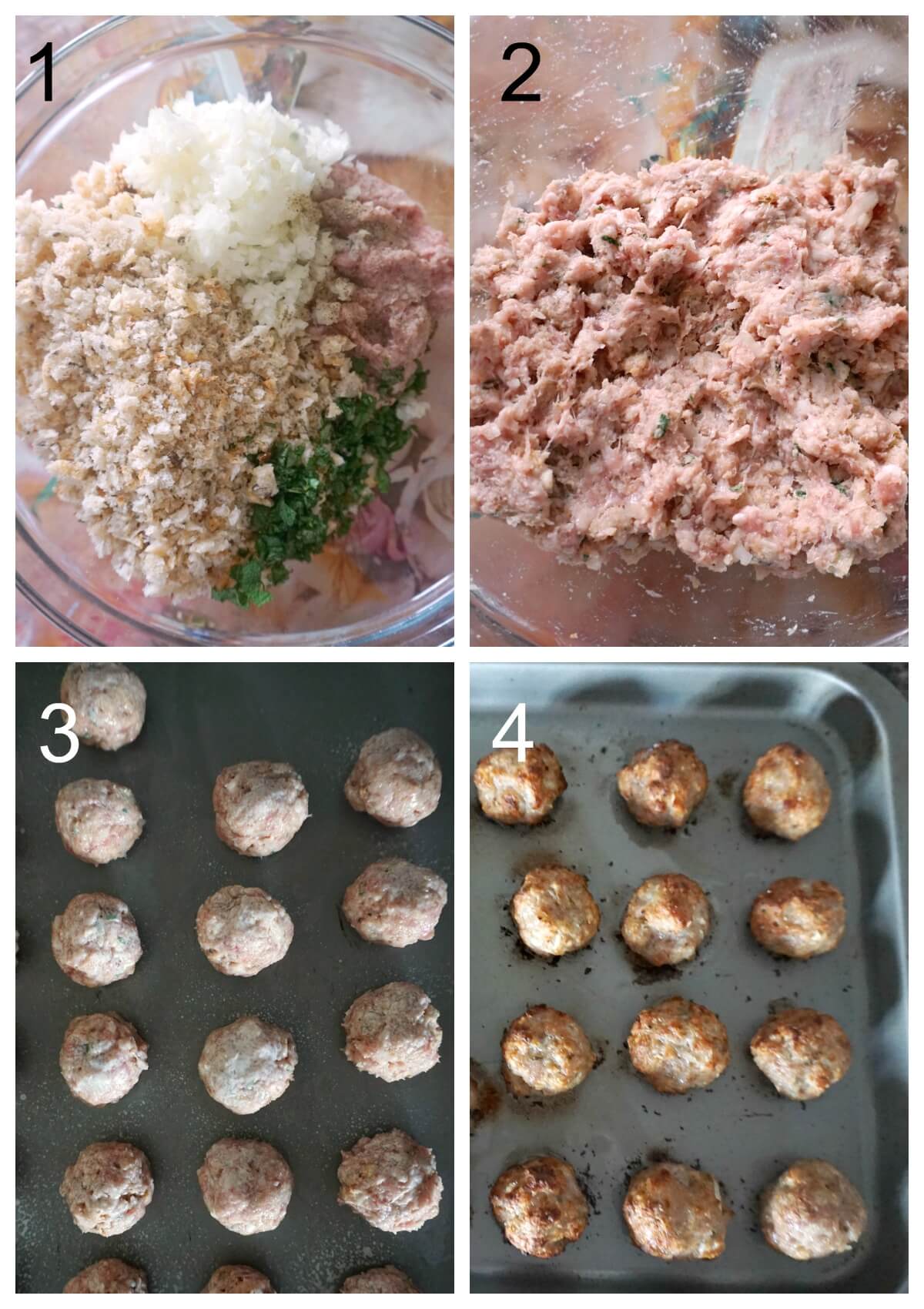 Collage of 6 photos to show how to make sausage stuffing balls.