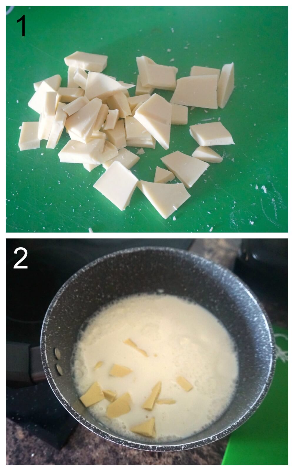 Collage of 2 photos to show how to make white hot chocolate.