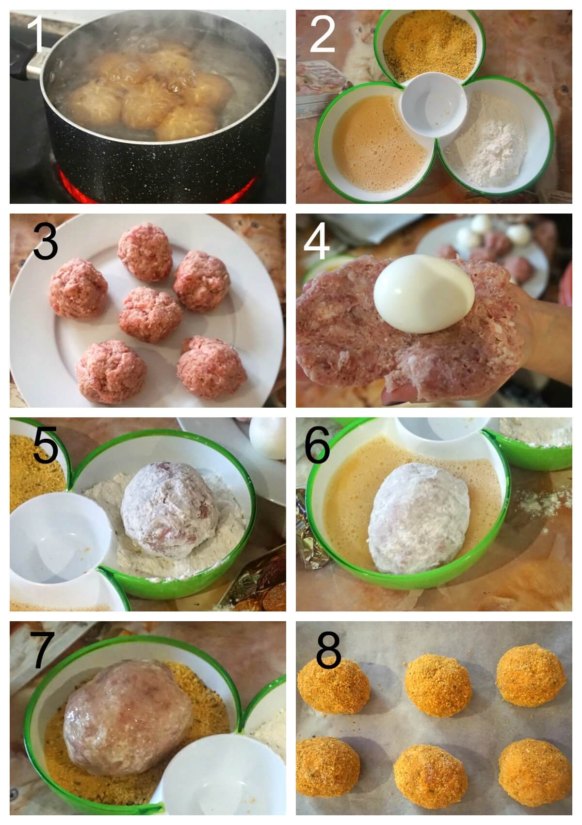 Collage of 8 photos to show how to make scotch eggs