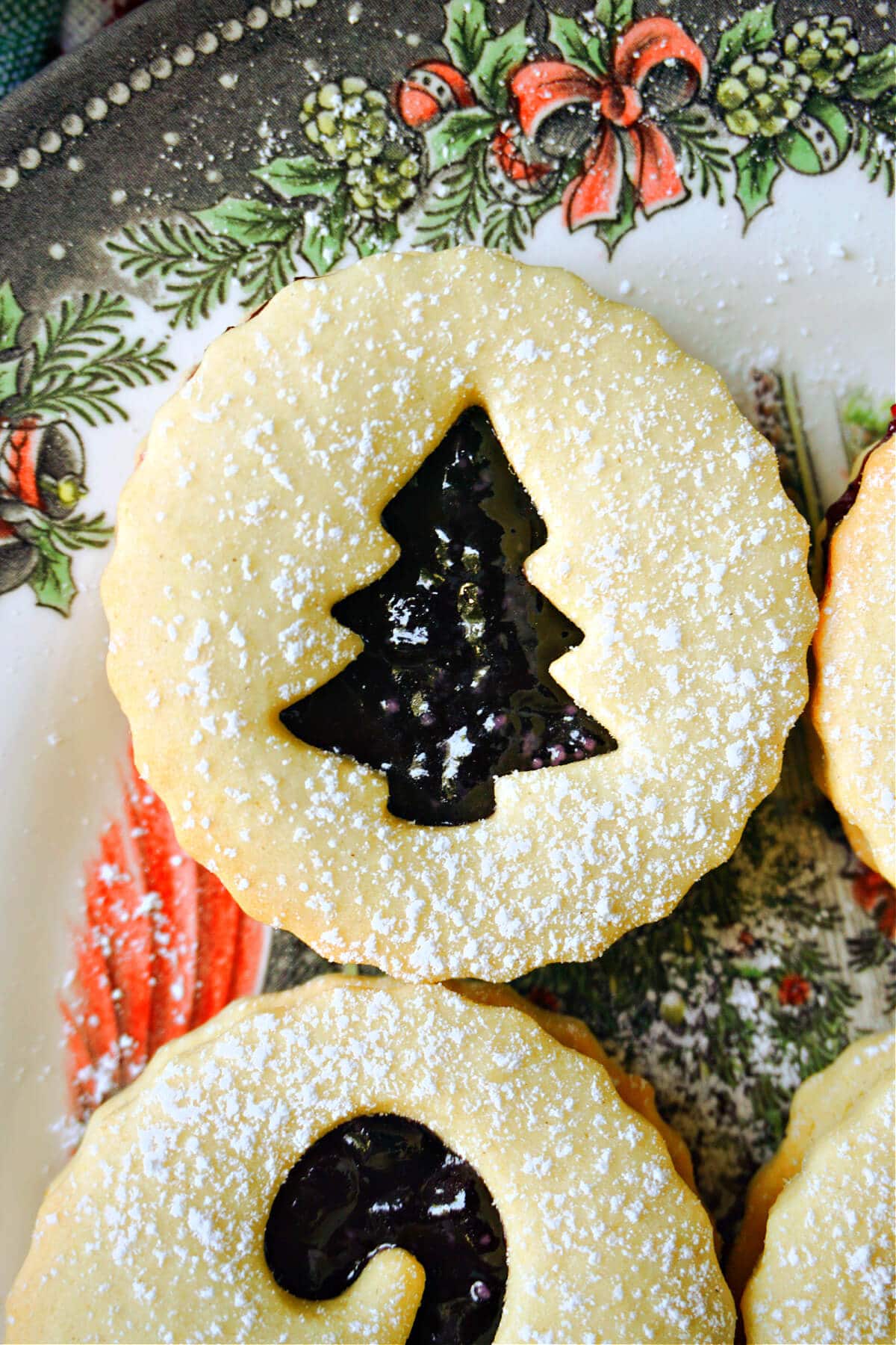 Close-up shoot of a Christmas linzer cookie.