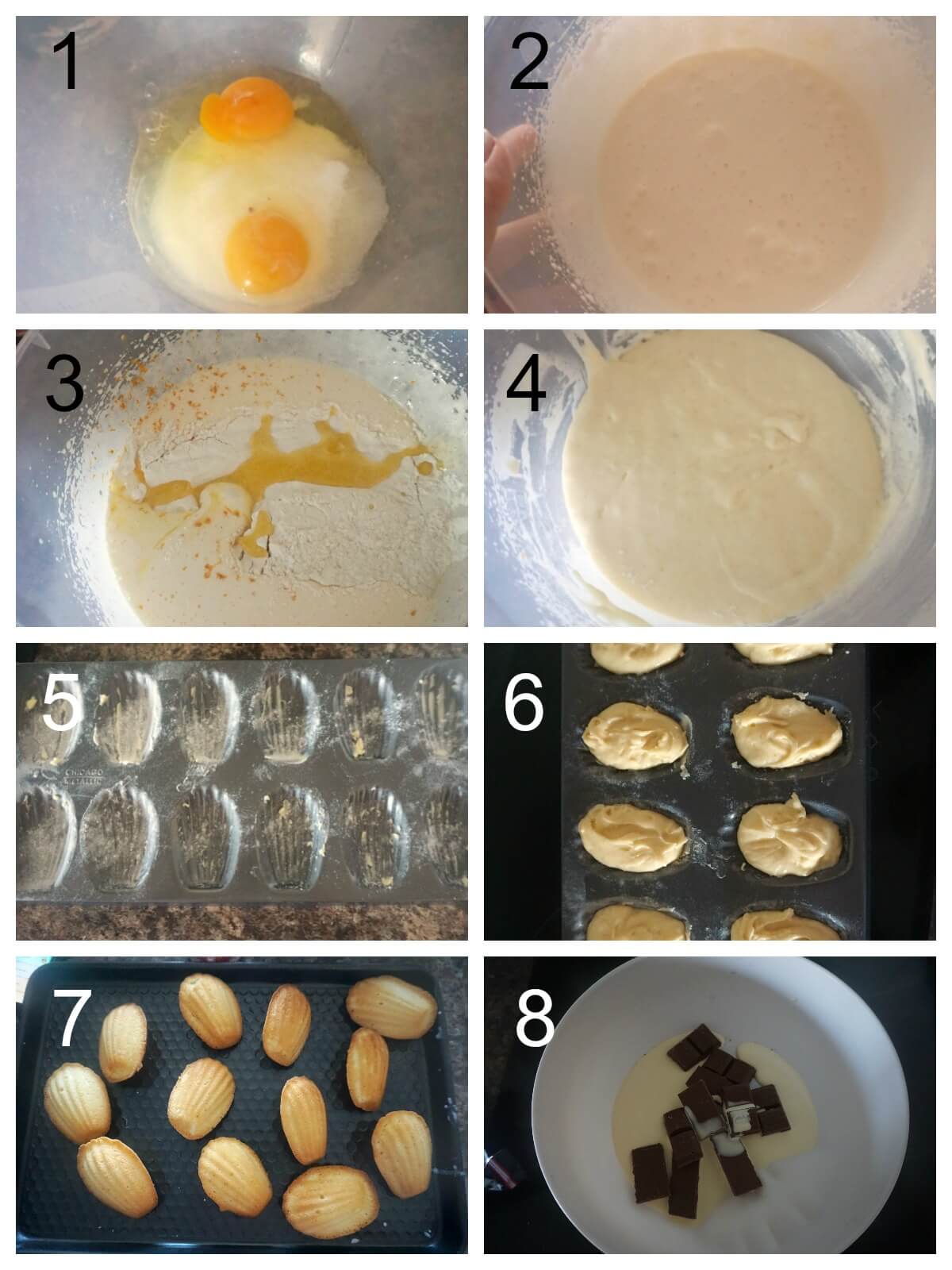 Collage of 8 photos to show how to make orange madeleines.