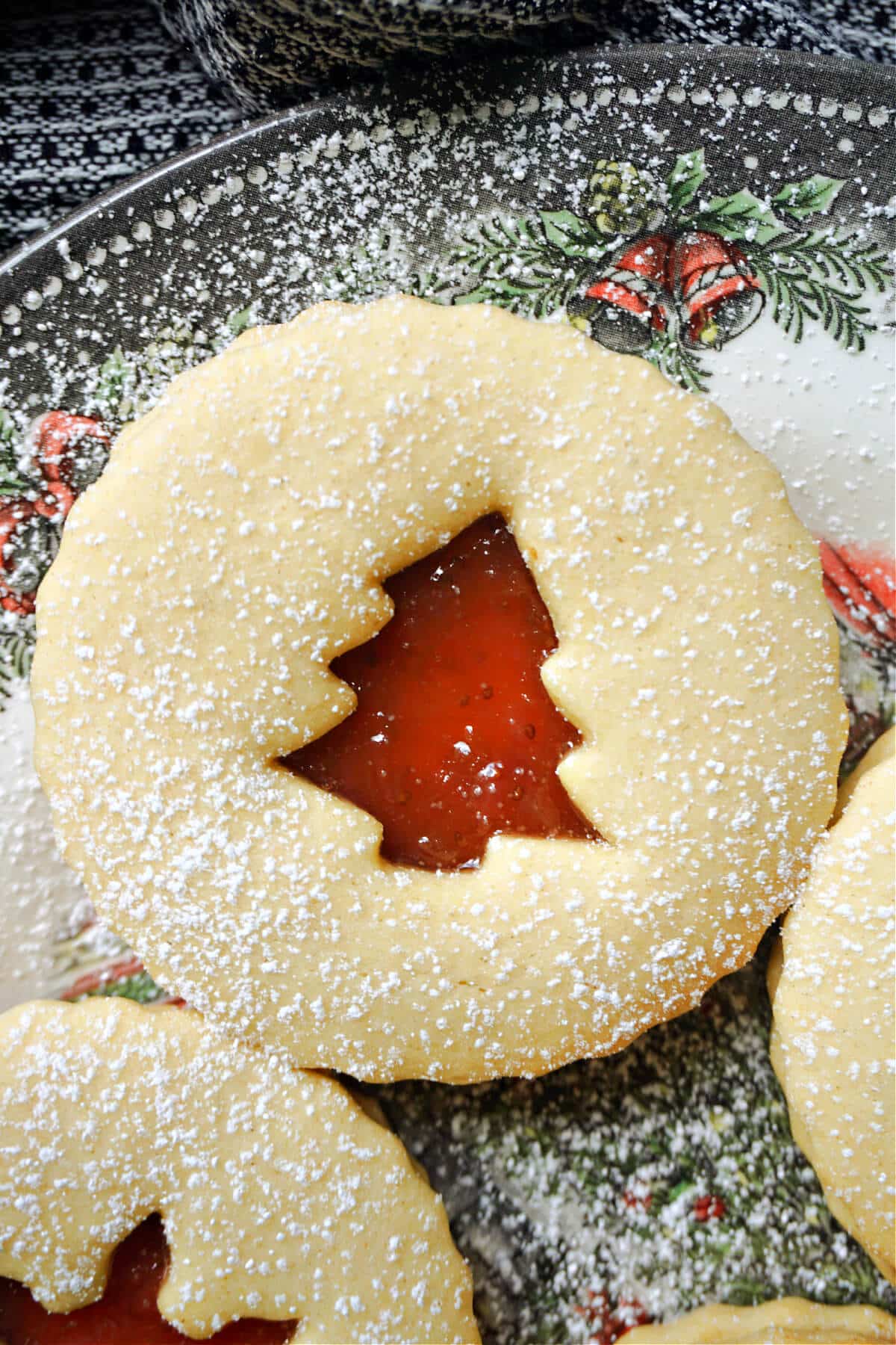 Close-up shoot of a Christmas linzer cookie.