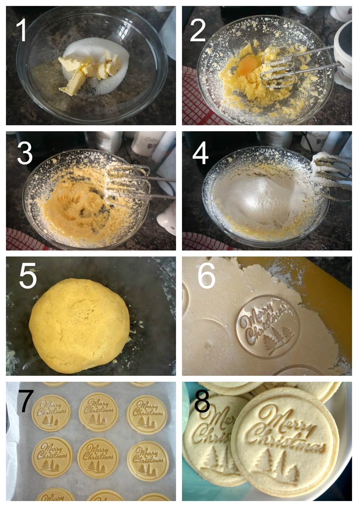 Collage of 8 photos to show how to make stamped cookies.