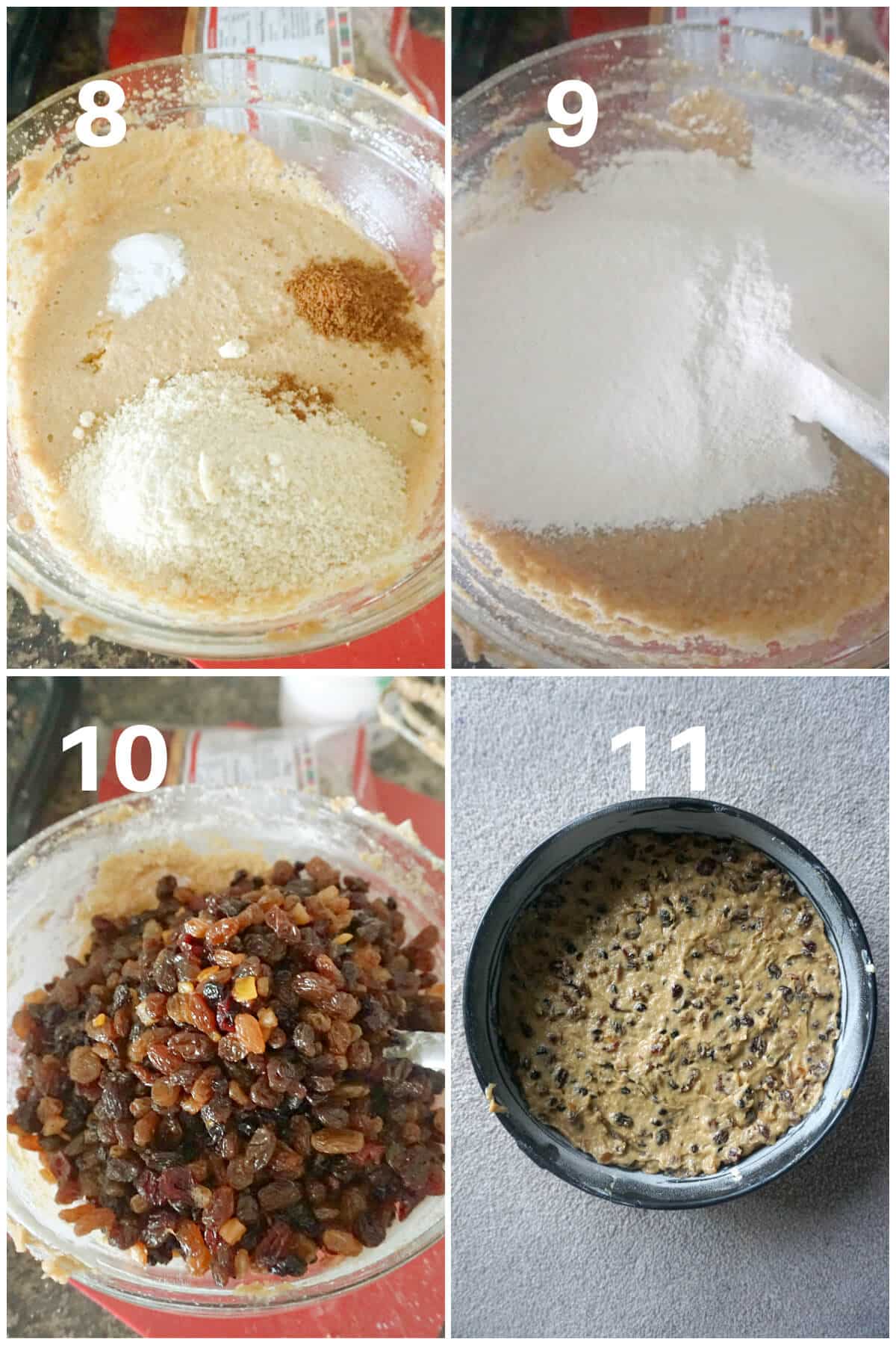 Collage of 4 photos to show how to make fruit cake for Christmas.