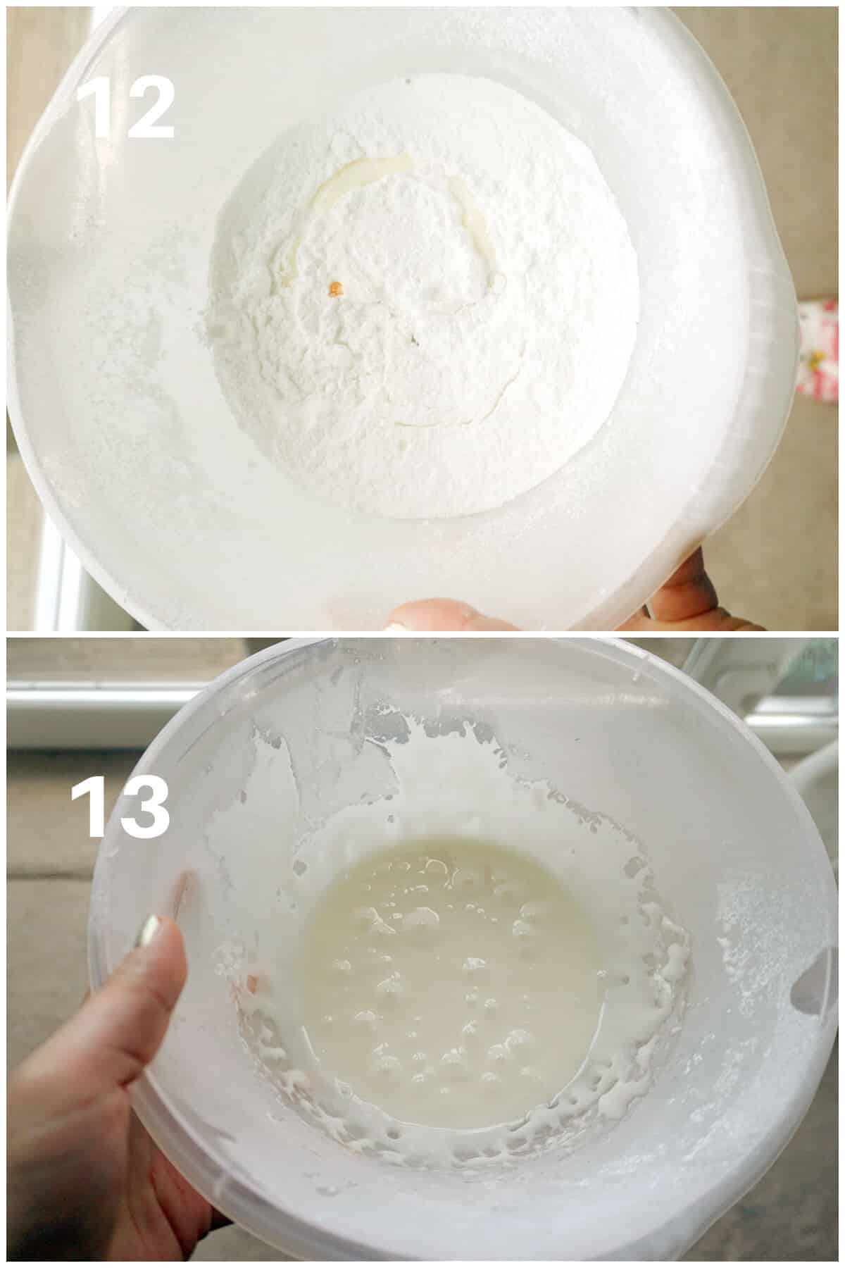 Collage of 2 photos to show how to make icing for a fruit cake.