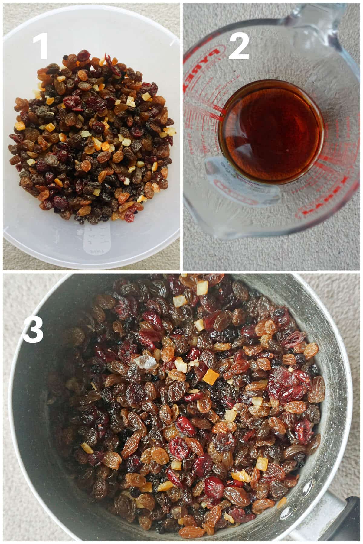 Collage of 3 photos to show how to prepare the fruit for the Christmas cake.
