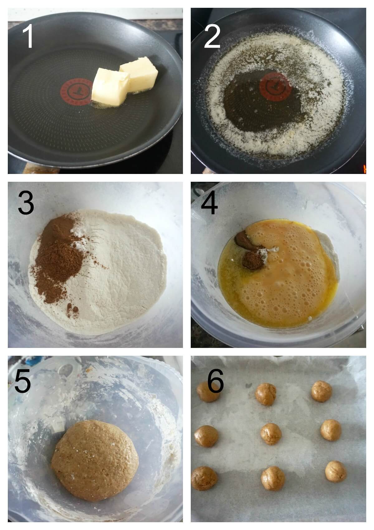 Collage of 6 photos to show how to make lebkuchen cookies.