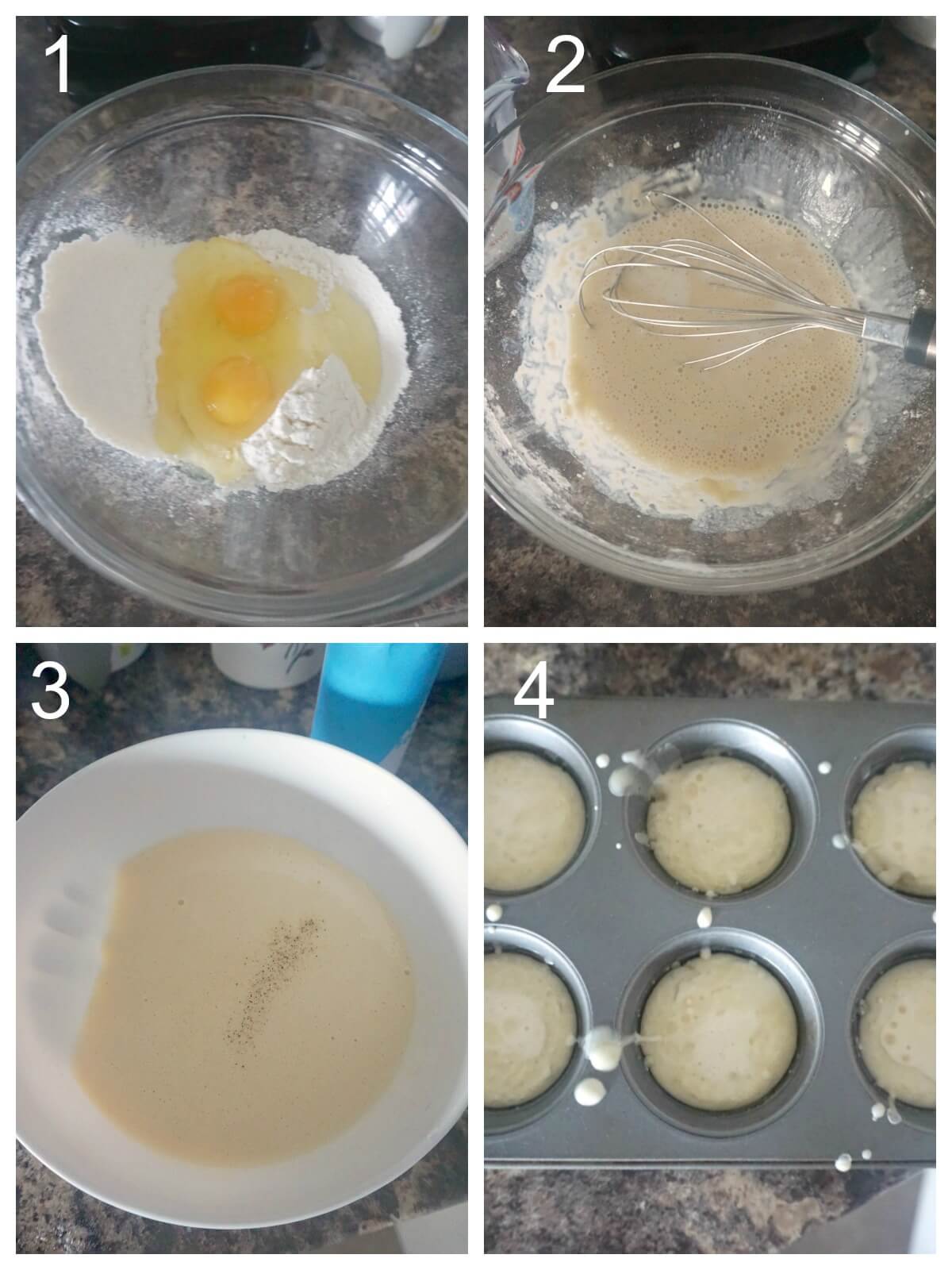 Collage of 4 pictures to show how to make yorkshire puddings.