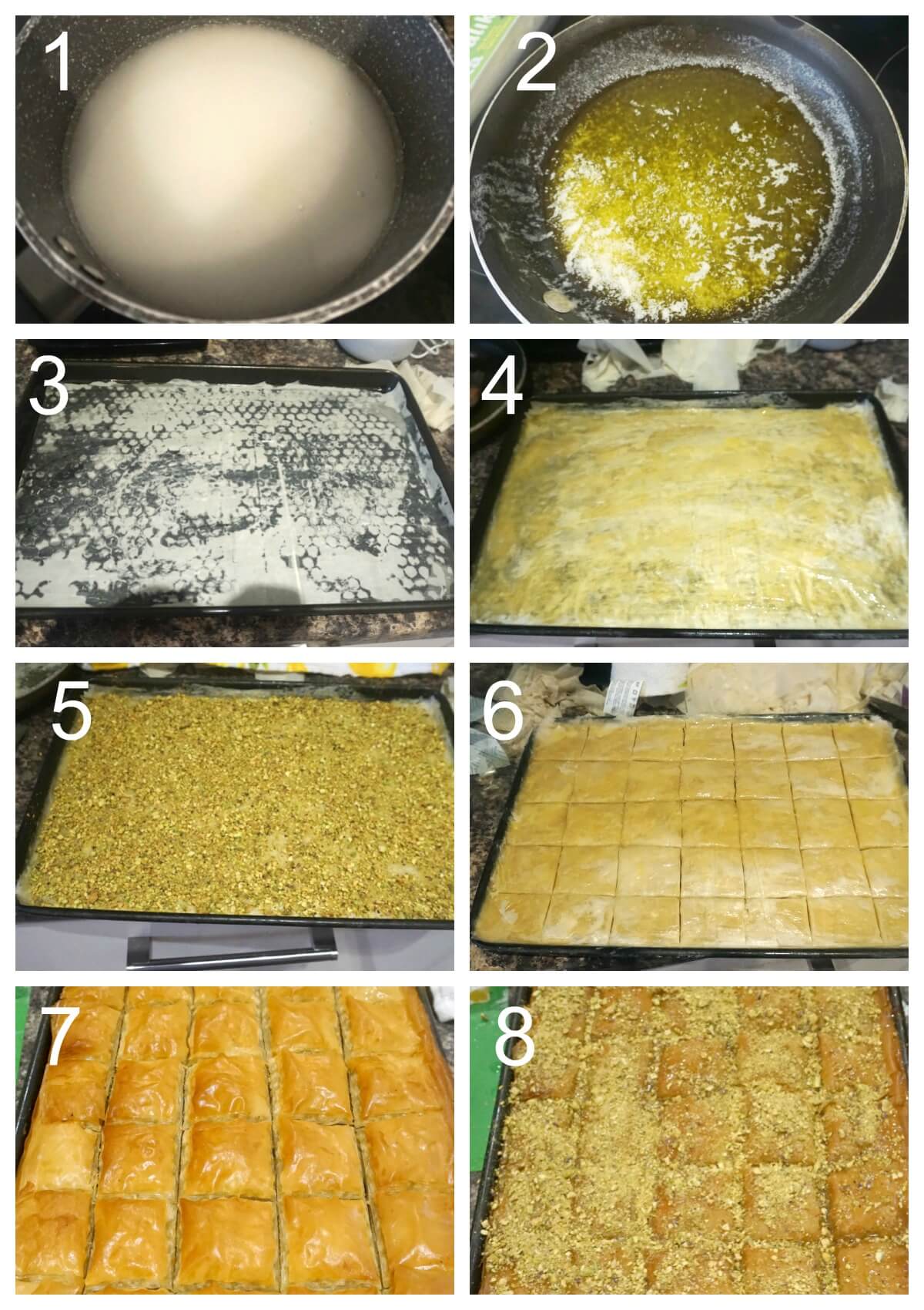 Collage of 8 photos to show how to make pistachio baklava