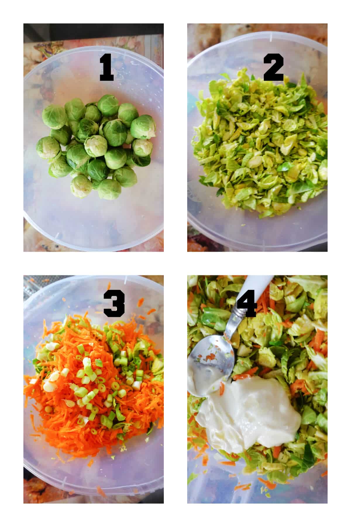 Collage of 4 photos to show how to make brussel sprout slaw