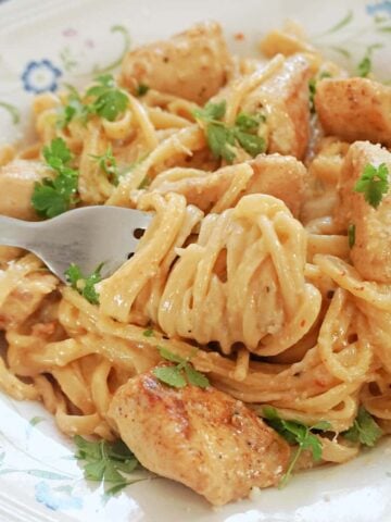 A white plate with creamy linguine and cajun chicken