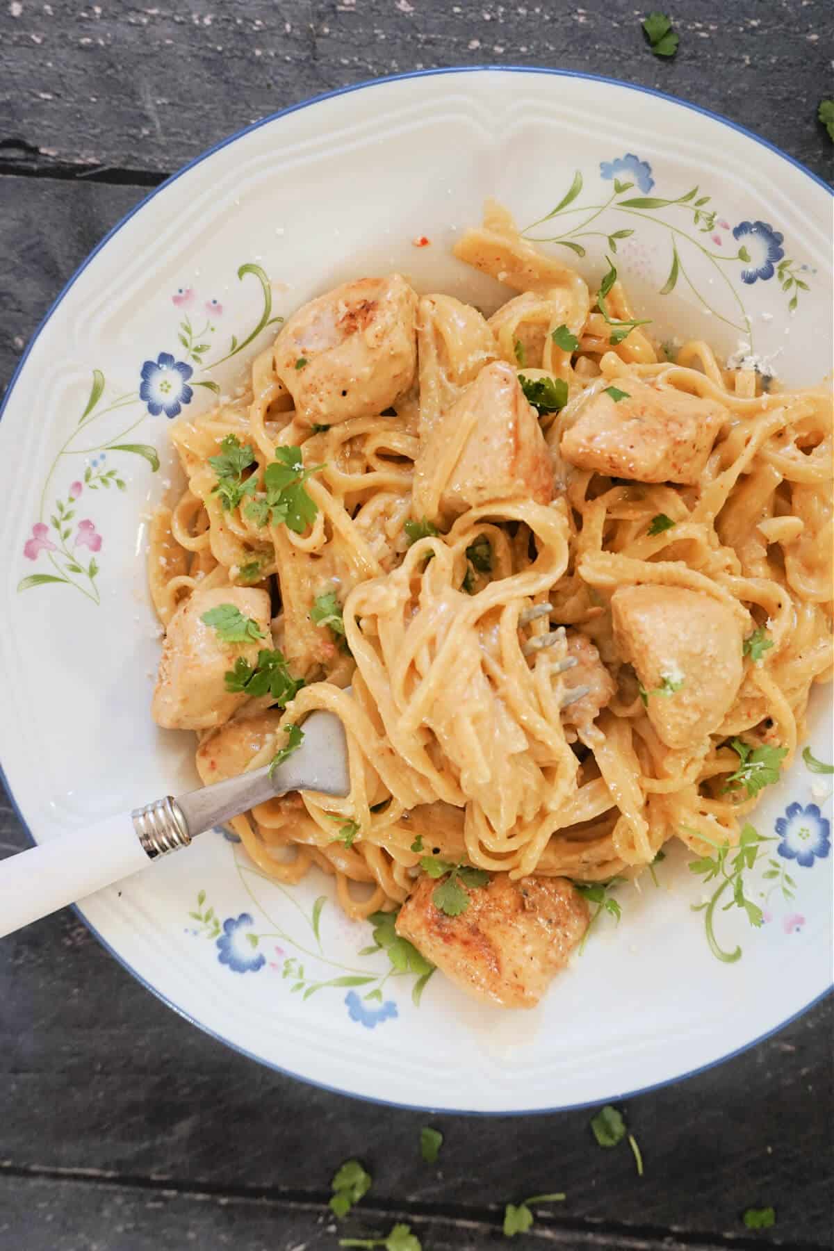 Overhead shoot of a white plate with spaghetti and cajun chicken pieces.