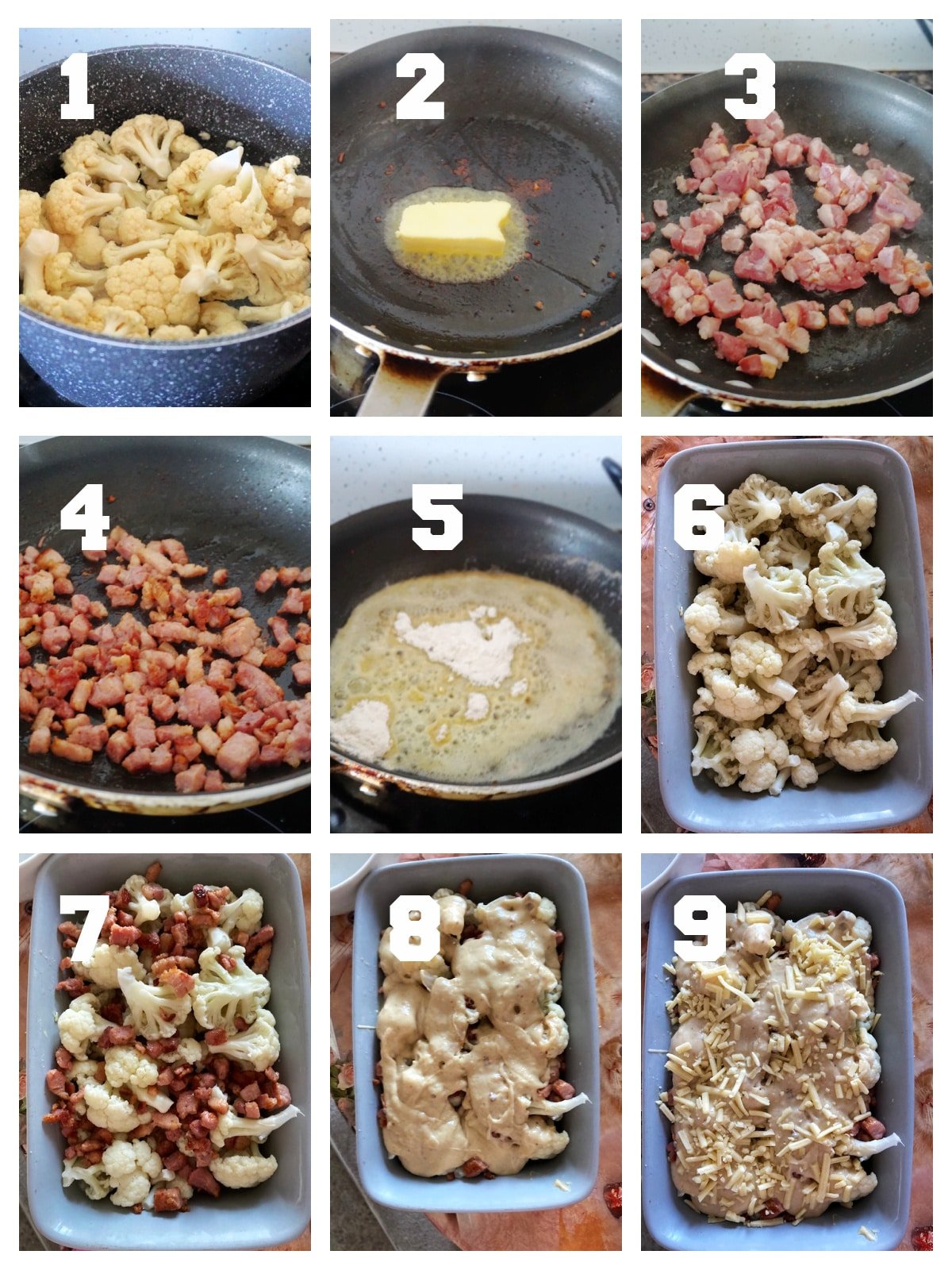 Collage of 9 photos to show how to make cauliflower cheese with bacon.