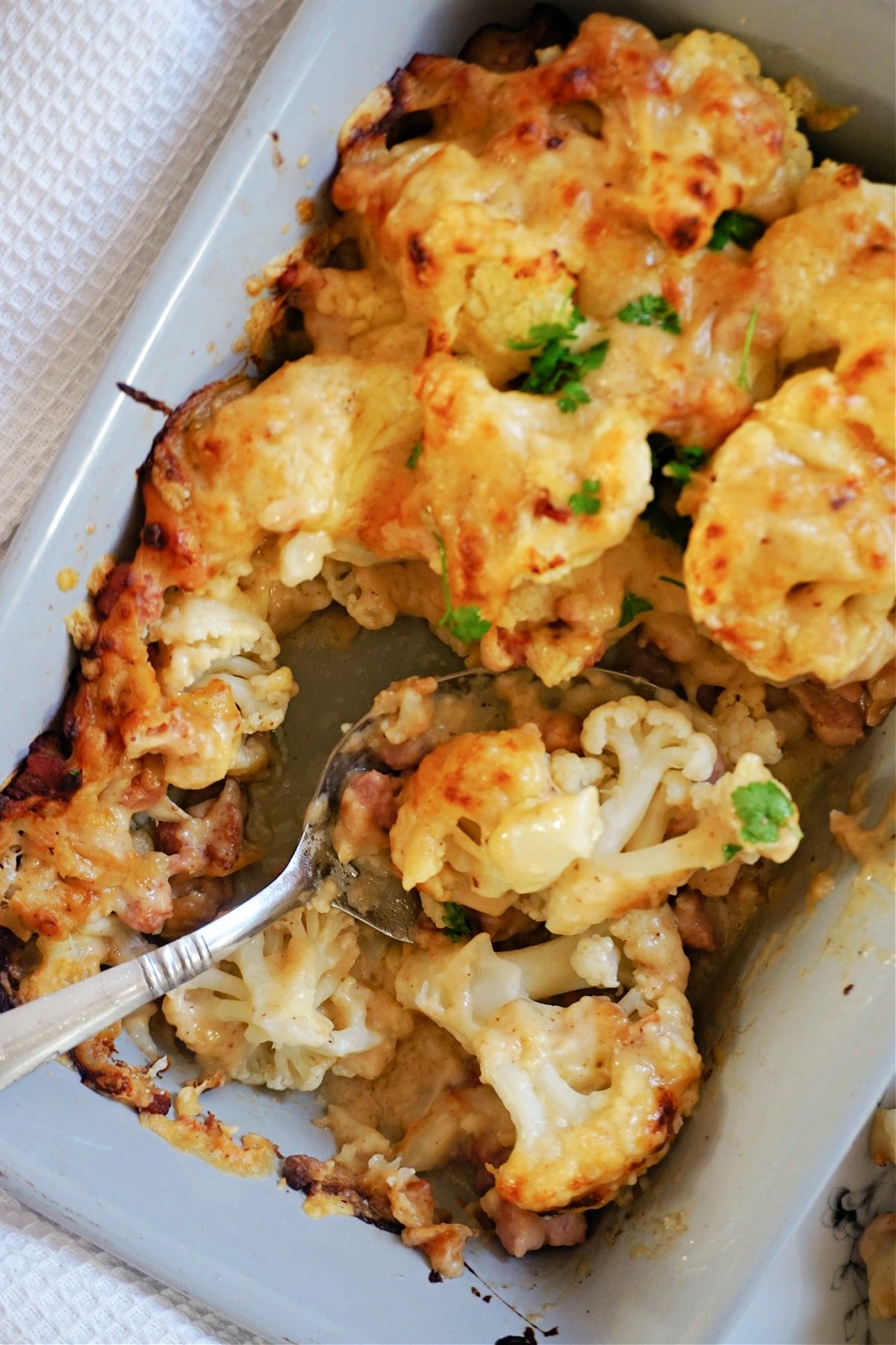 Close-up shot of a dish with cauliflower cheese with bacon.