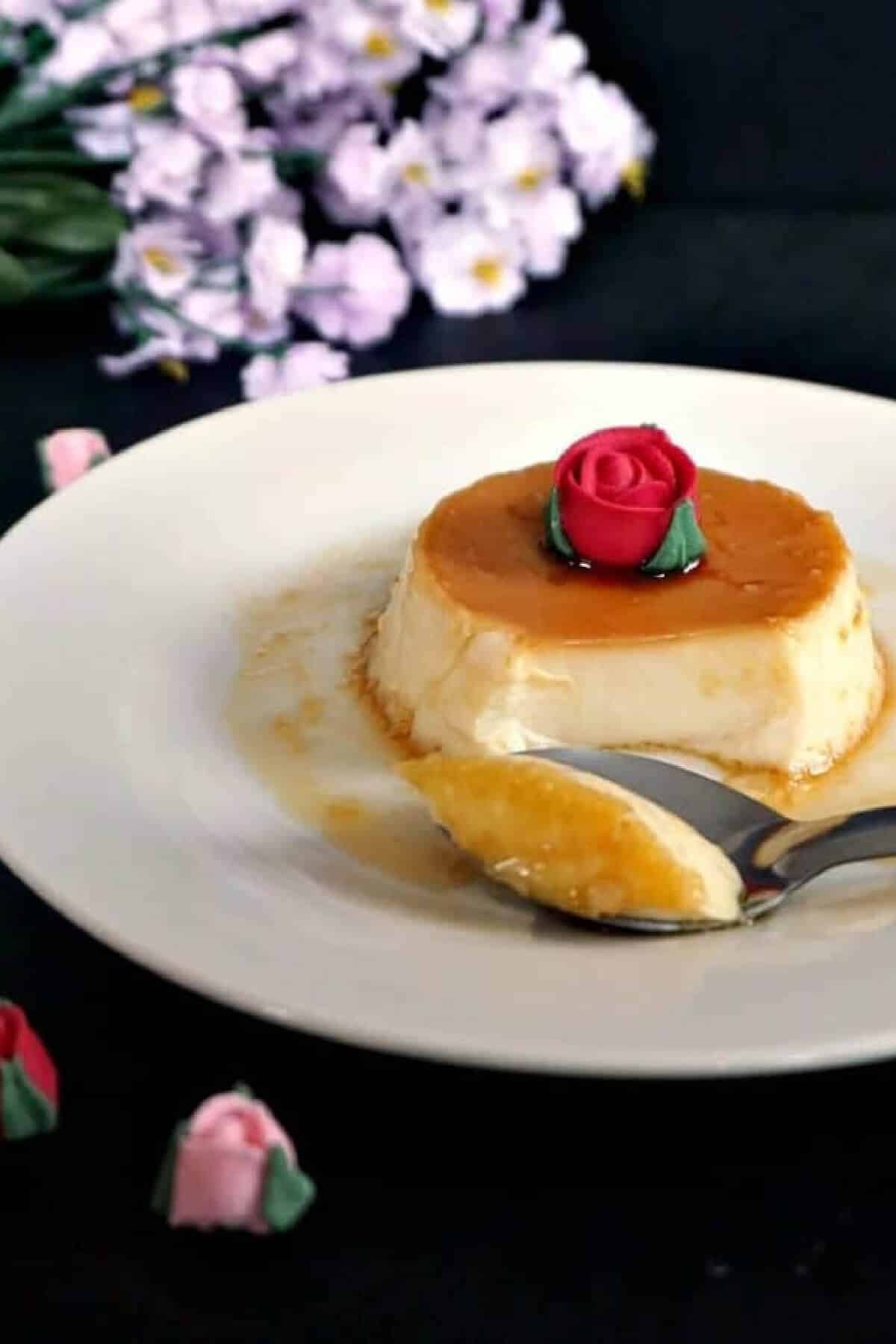 A plate with a portion of flan.