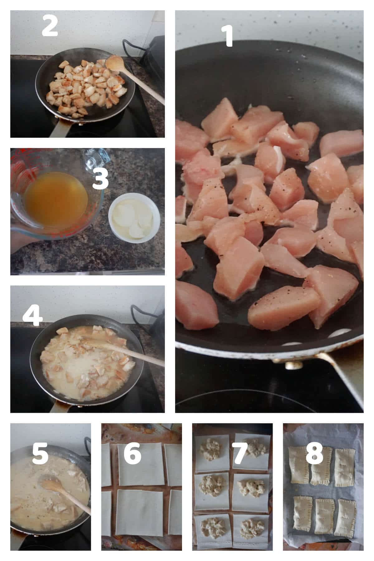 Collage of 8 photos to show how to make Gregg's chicken bake recipe.