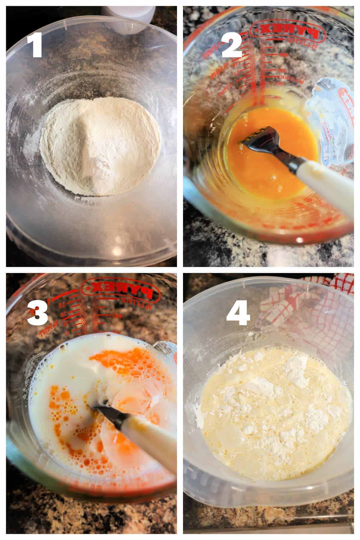 Collage of 4 photos to show how to make American pancakes