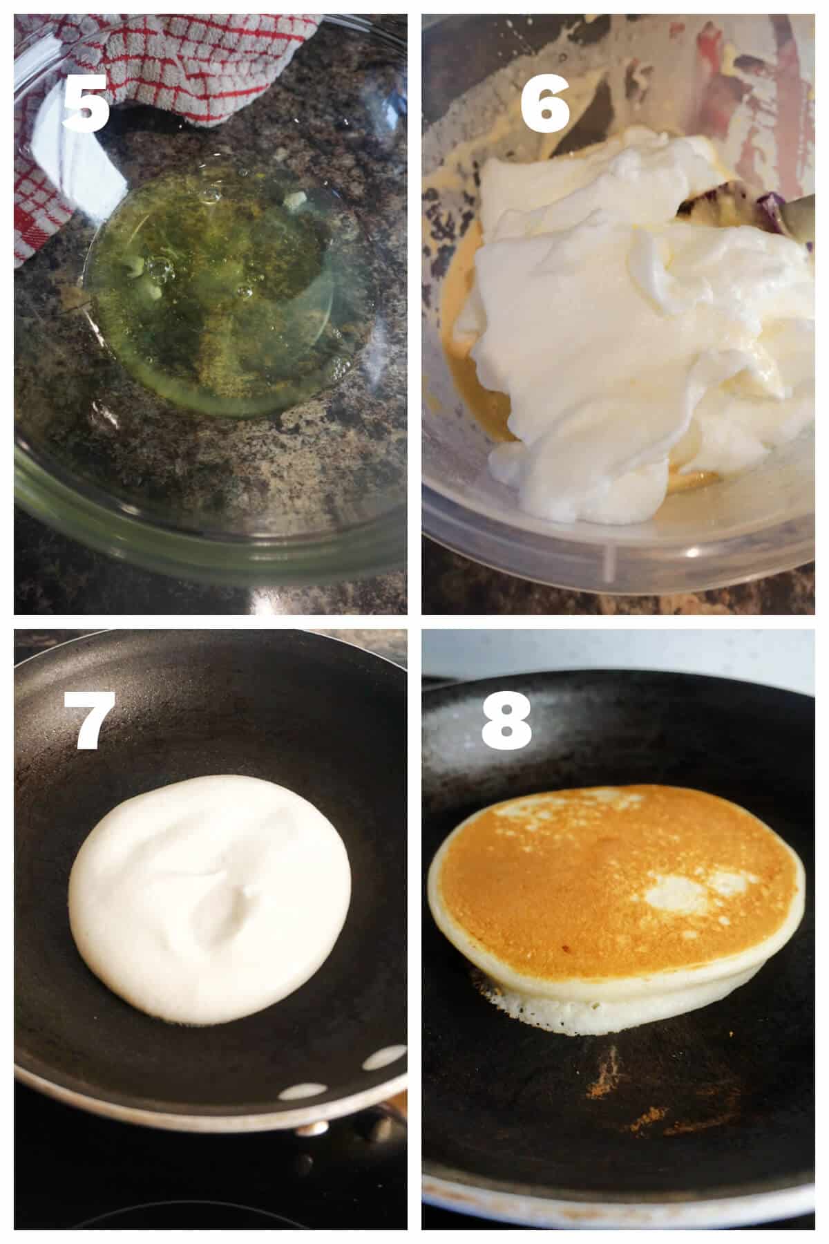 Collage of 4 photos to show how to make American pancakes