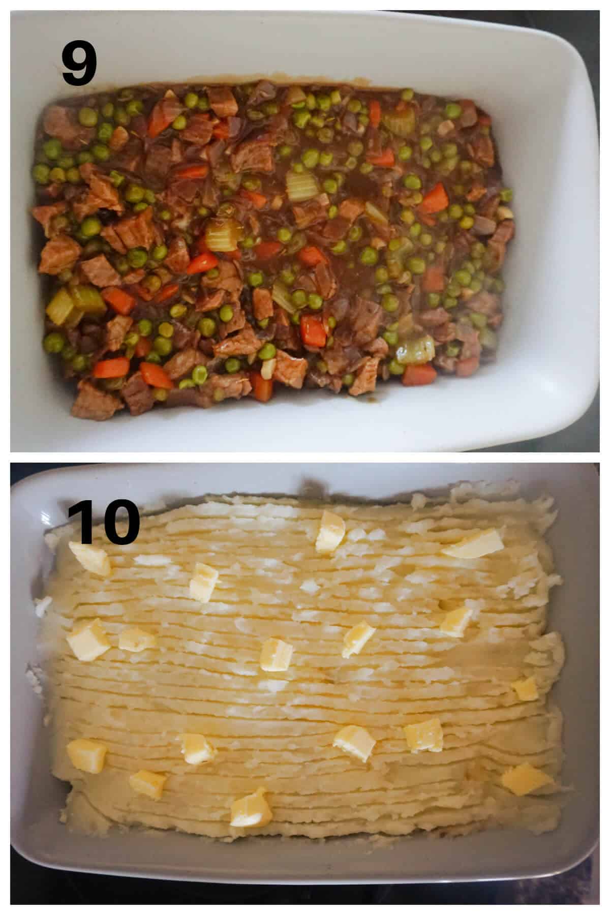 Collage of 2 photos to show how to make cottage pie with leftover beef.