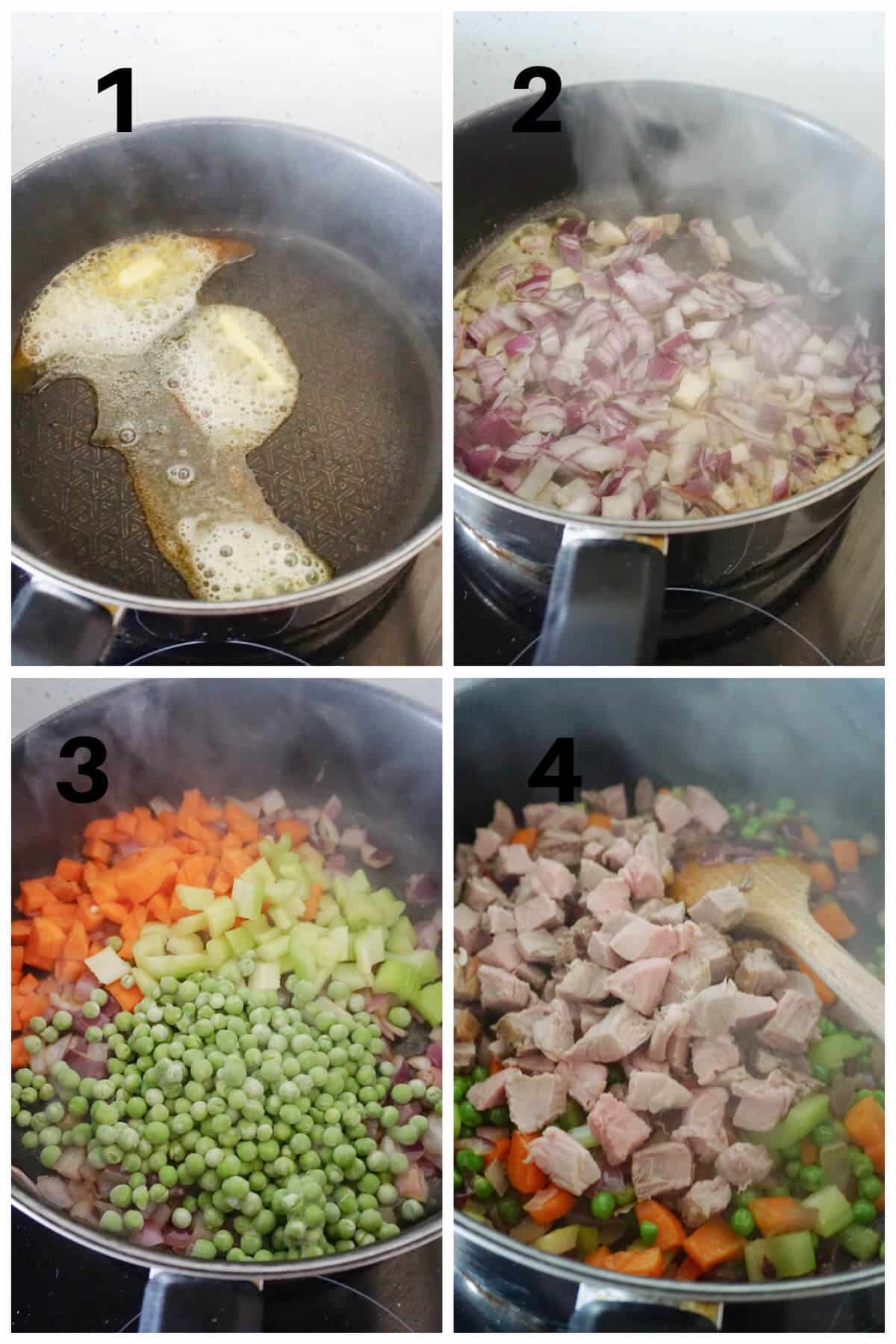 Collage of 4 photos to show how to make leftover cottage pie.