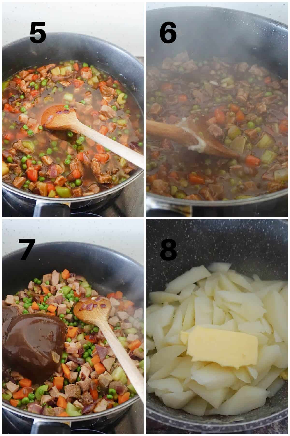 Collage of 4 photos to show how to make cottage pie with leftover roast beef.
