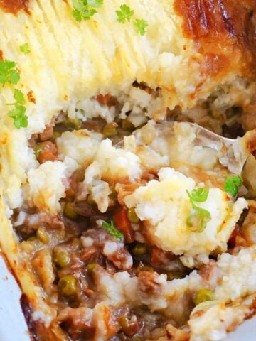 Close-up shoot of a dish with leftover beef cottage pie