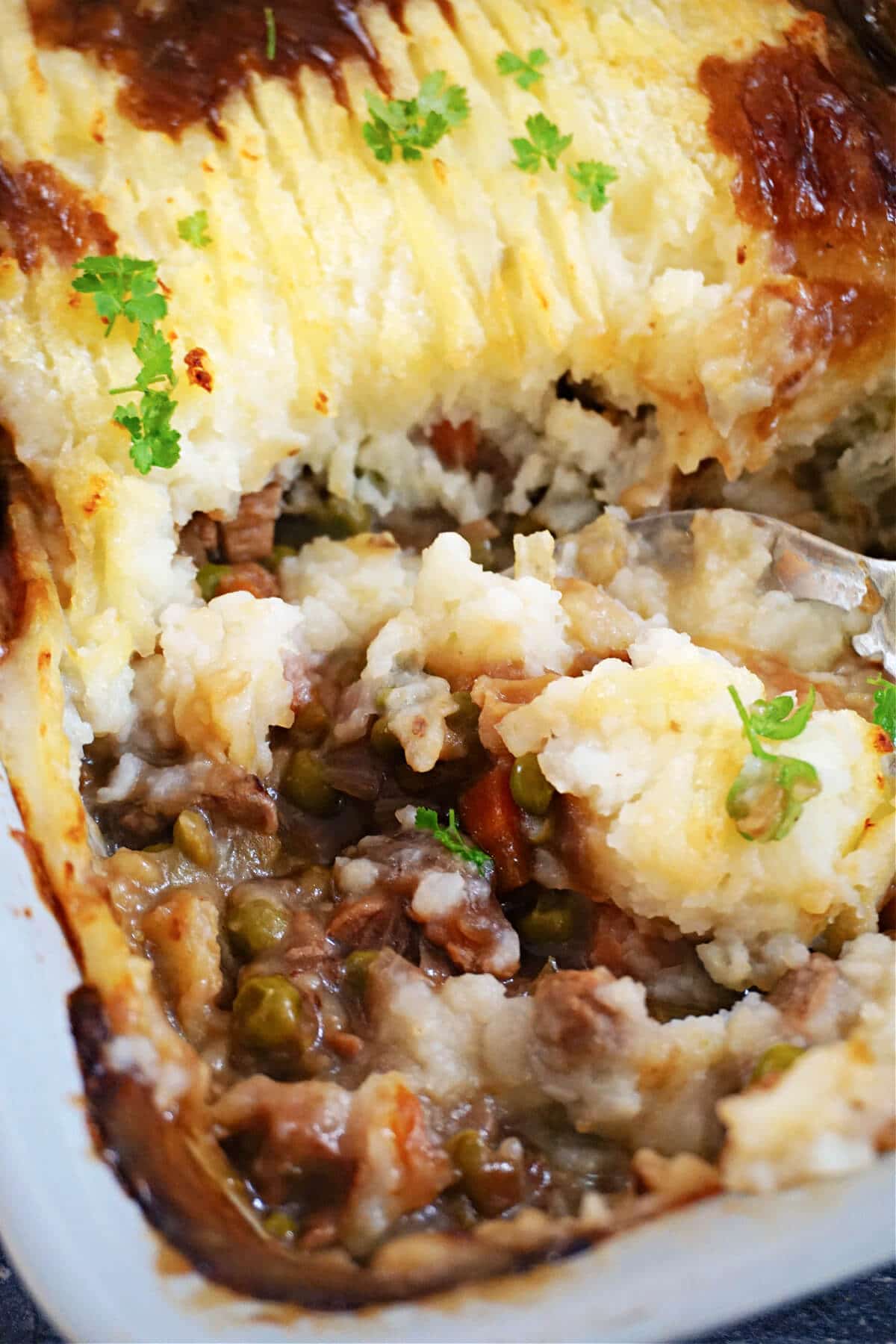 Close-up shoot of a dish with beef cottage pie.