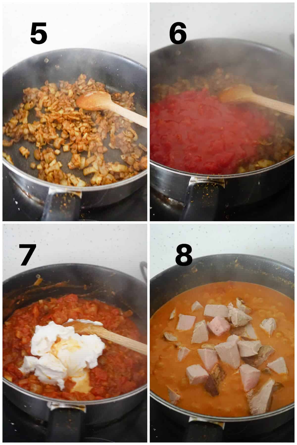 Collage of 4 photos to show how to make leftover roast beef curry.