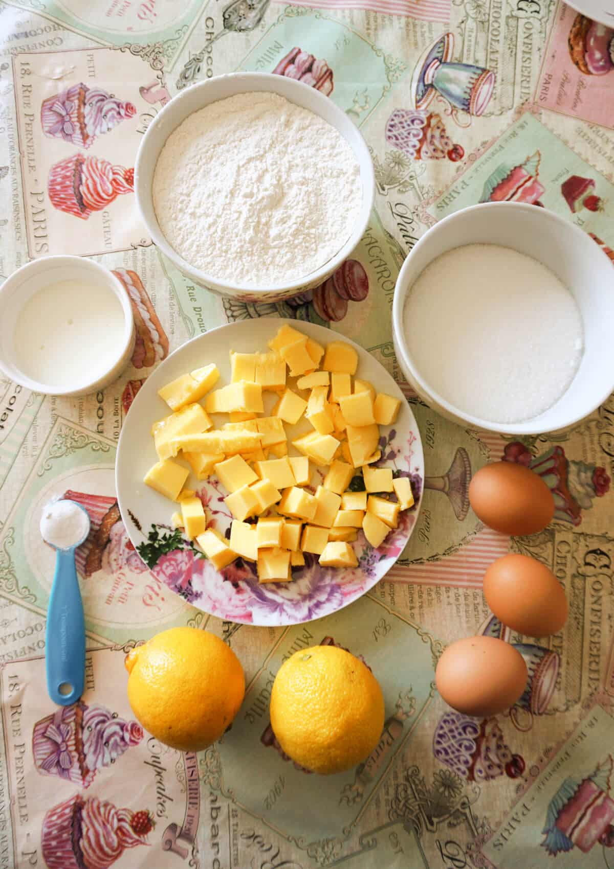 Overhead shoot of ingredients needed to make lemon drizzle cake