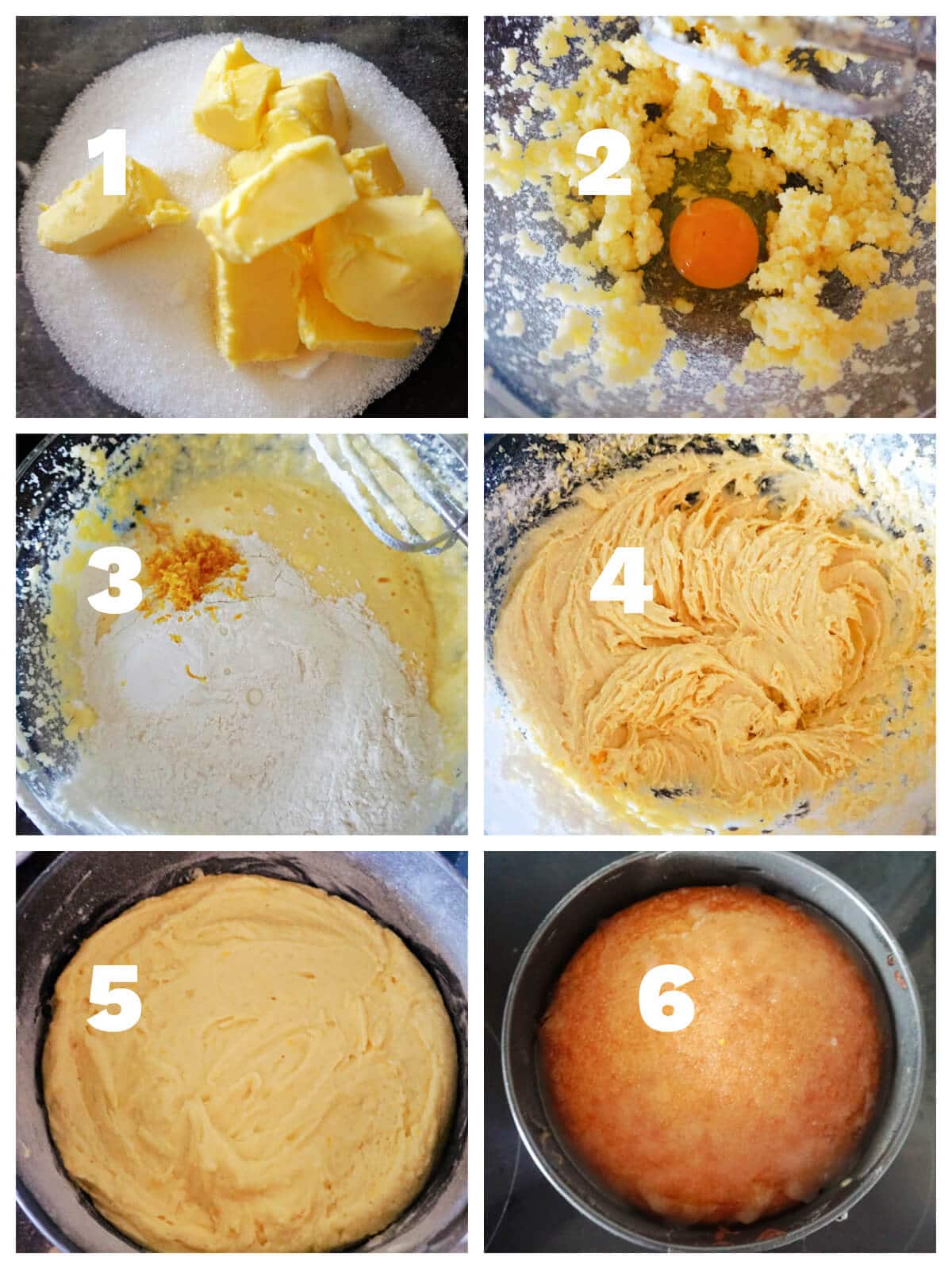 Collage of 6 photos to show how to make lemon drizzle cake